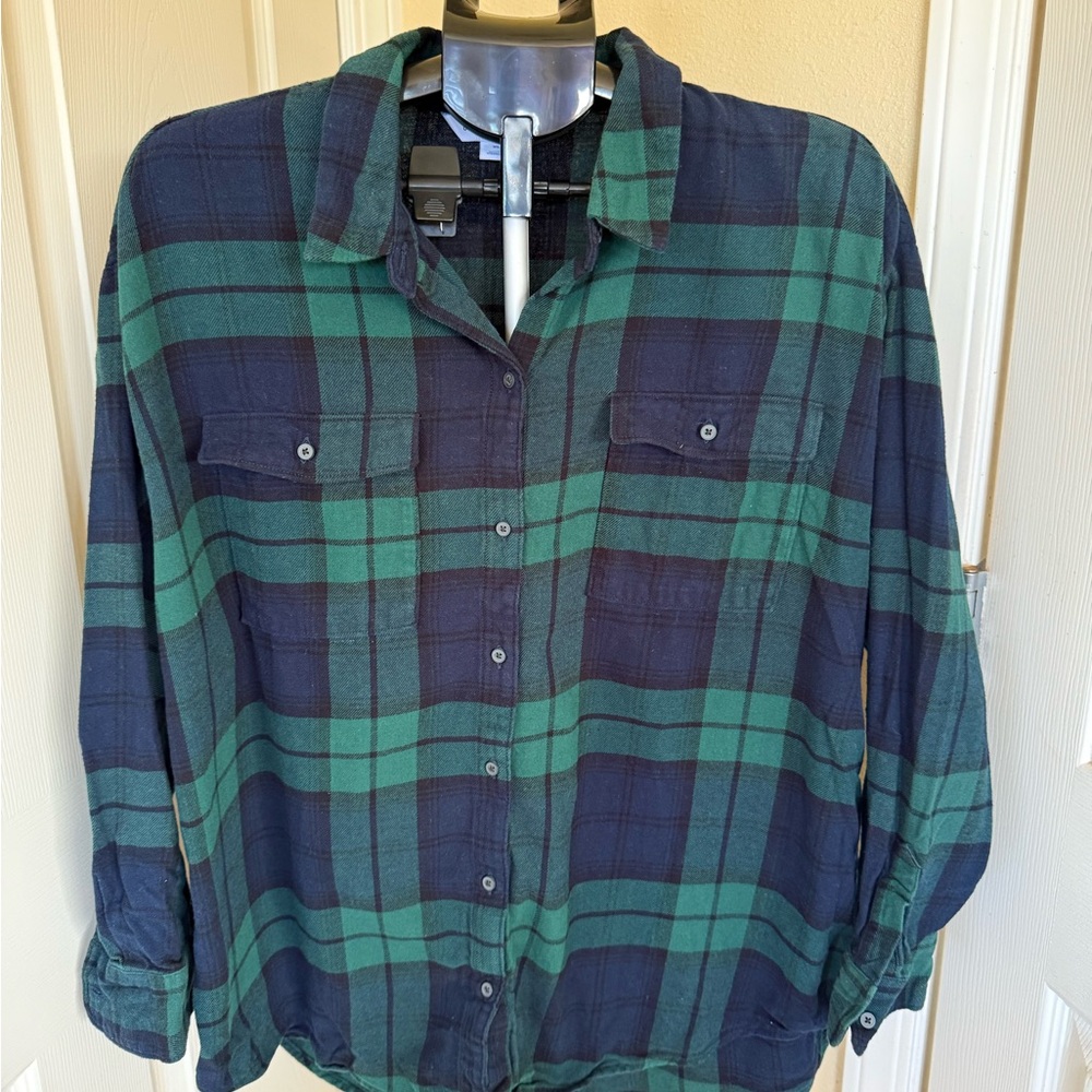 Green and Blue Plaid Button-Up Shirt
